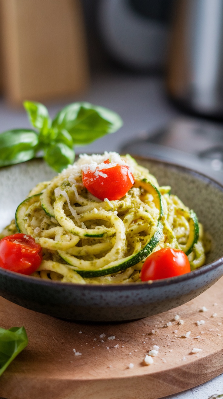 A bowl of zucchini noodles topped with pesto sauce and cherry tomatoes.