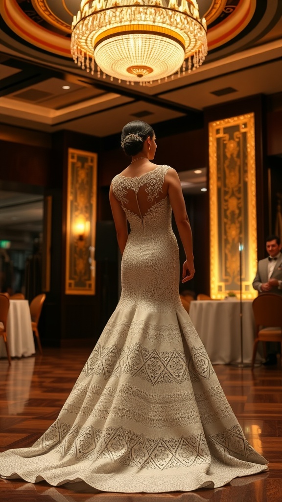 A bride wearing an Art Deco inspired gown in an elegant setting with a chandelier