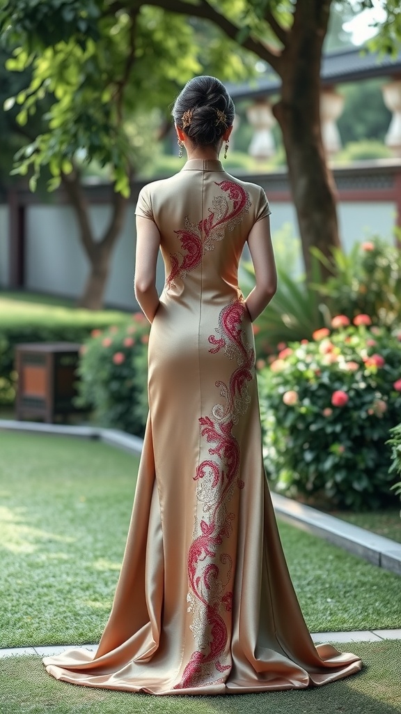 A woman wearing a silk cheongsam with red embroidery, viewed from the back in a garden setting.