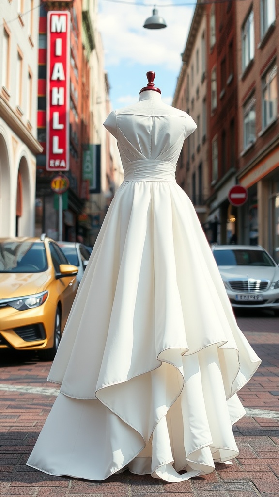 A back view of an asymmetrical hemline wedding dress displayed on a mannequin in a city street.