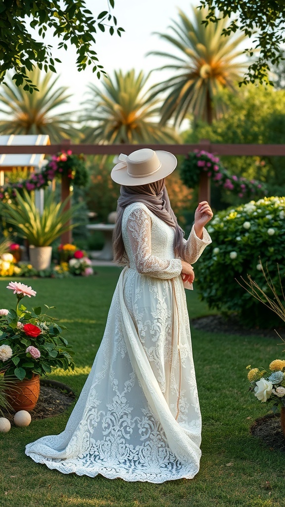 A woman in a bohemian lace wedding dress standing in a garden with flowers and palm trees.