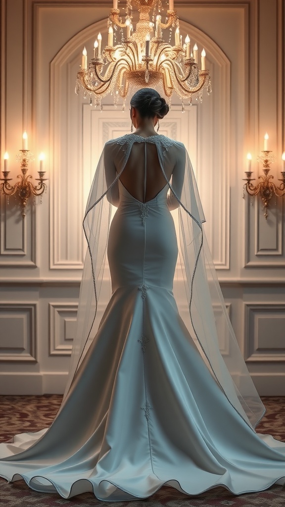 A bride in a sleek wedding dress with a cape, showcasing a low back view.