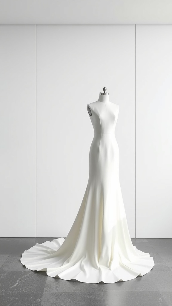 A chic minimalist column wedding dress displayed on a mannequin, featuring a sleek silhouette and flowing fabric.