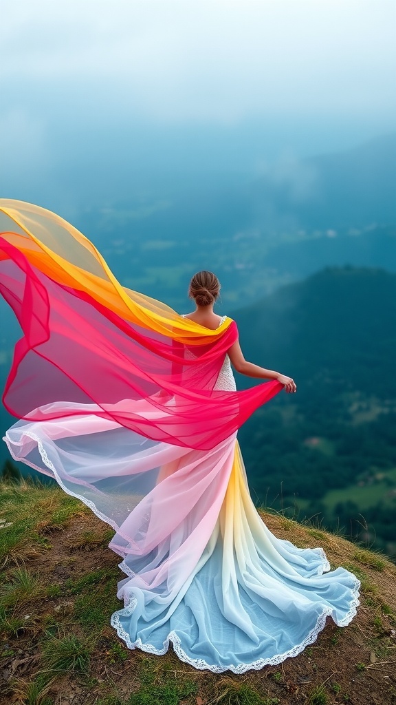 A bride wearing a colorful ombre wedding dress with flowing layers of pink, orange, and blue standing on a hillside.