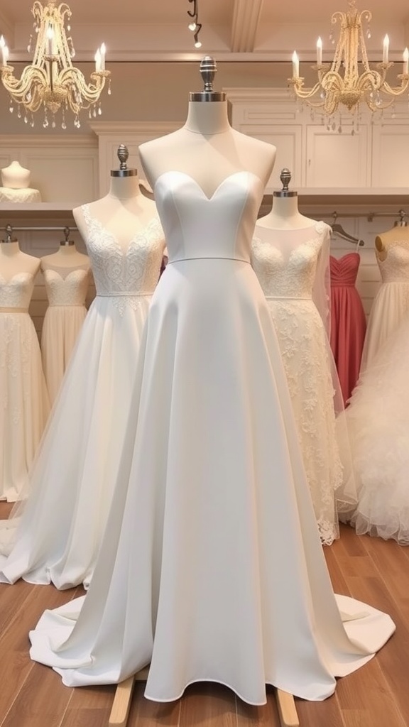 A white convertible wedding dress displayed in a bridal shop