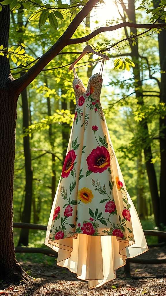 A floral print ball gown hanging from a tree branch in a green forest