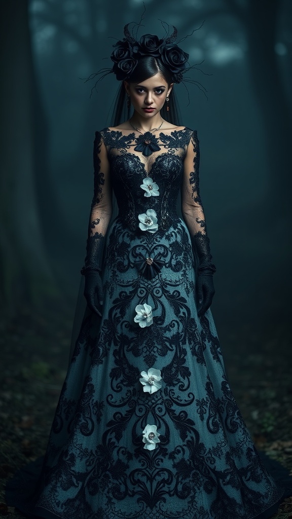 A model wearing a gothic black lace wedding dress with floral accents and a crown of roses, standing in a misty forest.