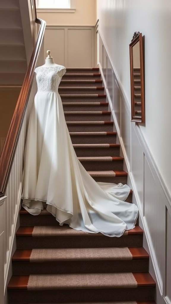 A high-low hem wedding dress displayed on a mannequin on a staircase