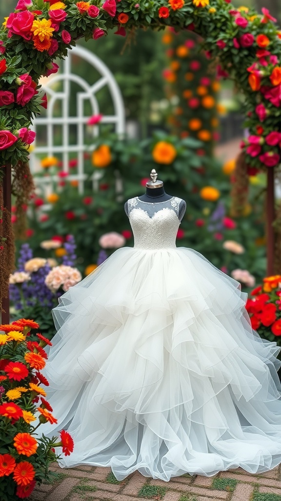 A layered tulle ball gown displayed on a mannequin surrounded by colorful flowers in a garden setting