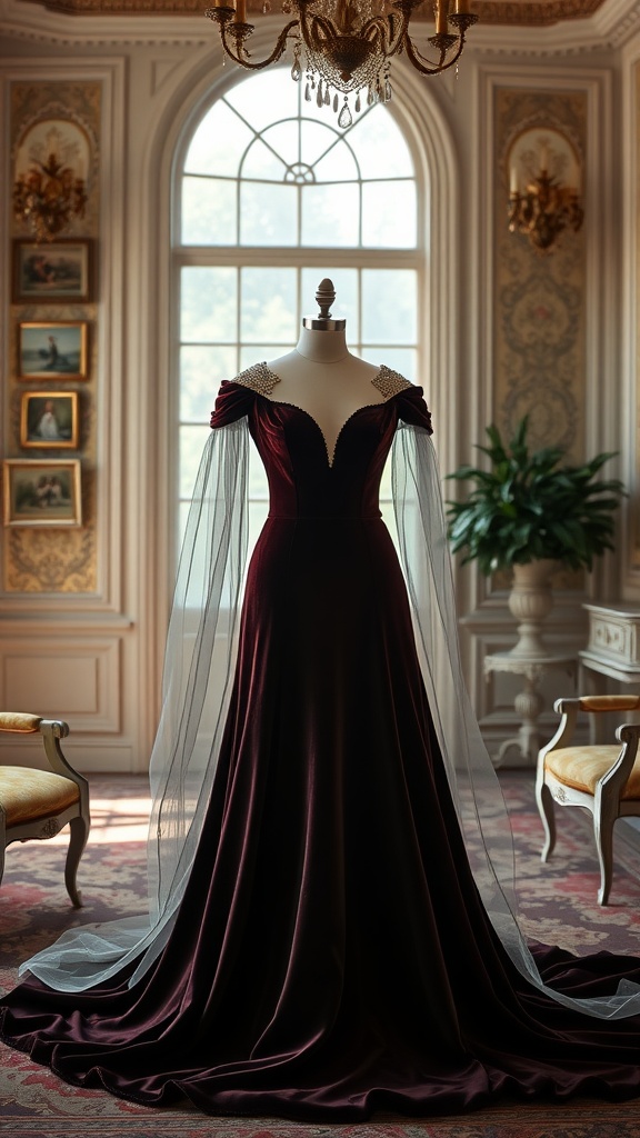 A luxurious burgundy velvet wedding gown displayed elegantly in a vintage room with soft lighting.