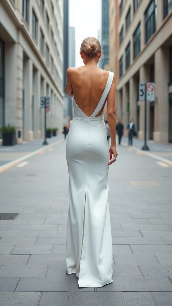 A bride wearing a sleek modern jumpsuit with a deep back in a city setting.