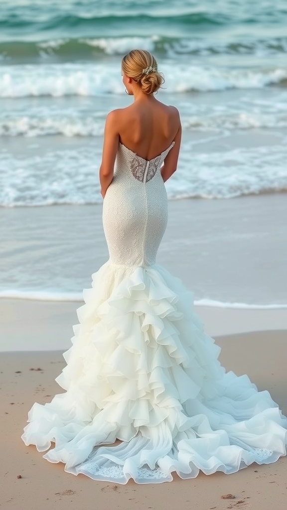 A bride in a ruffled mermaid silhouette wedding dress standing on the beach