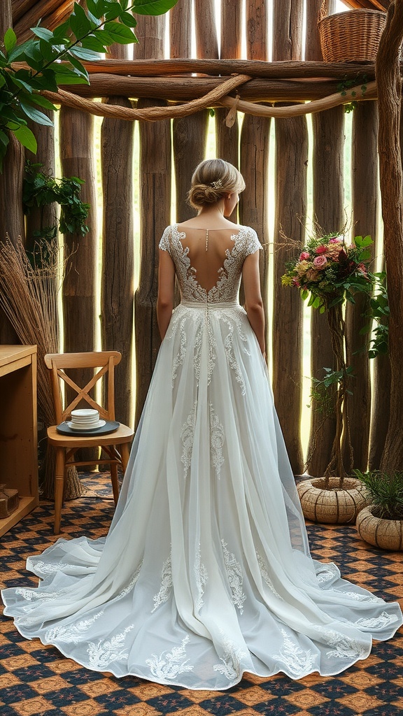 A bride wearing a sustainable wedding dress with intricate lace details, set against a rustic backdrop.