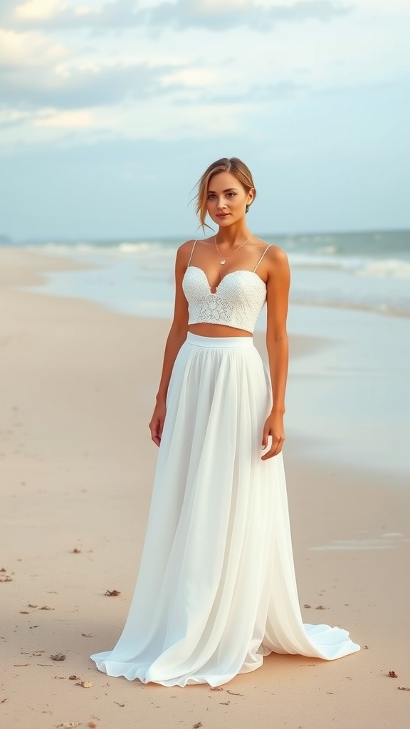 A bride in a two-piece bridal set, featuring a lace crop top and a flowing skirt, stands on a beach.