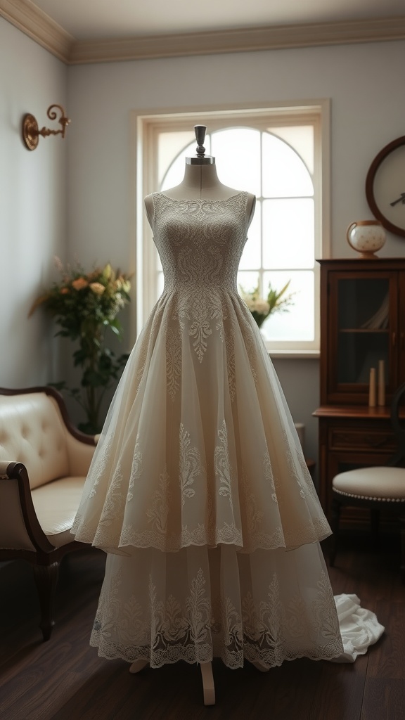 A vintage-inspired tea-length wedding gown displayed on a mannequin, featuring a lace bodice and a flared skirt in an elegant setting.