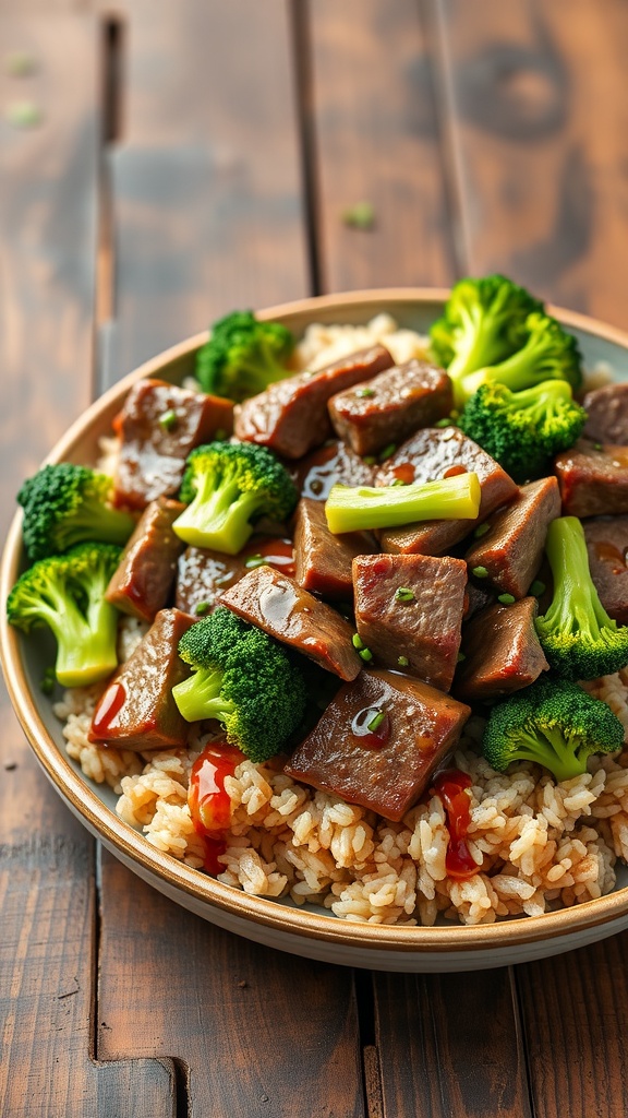 A plate of Healthy Beef & Broccoli served over brown rice.