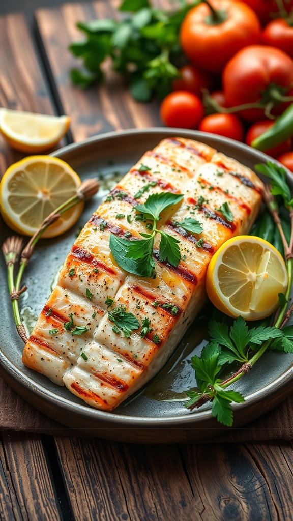 Grilled salmon fillets garnished with lemon slices and parsley on a plate