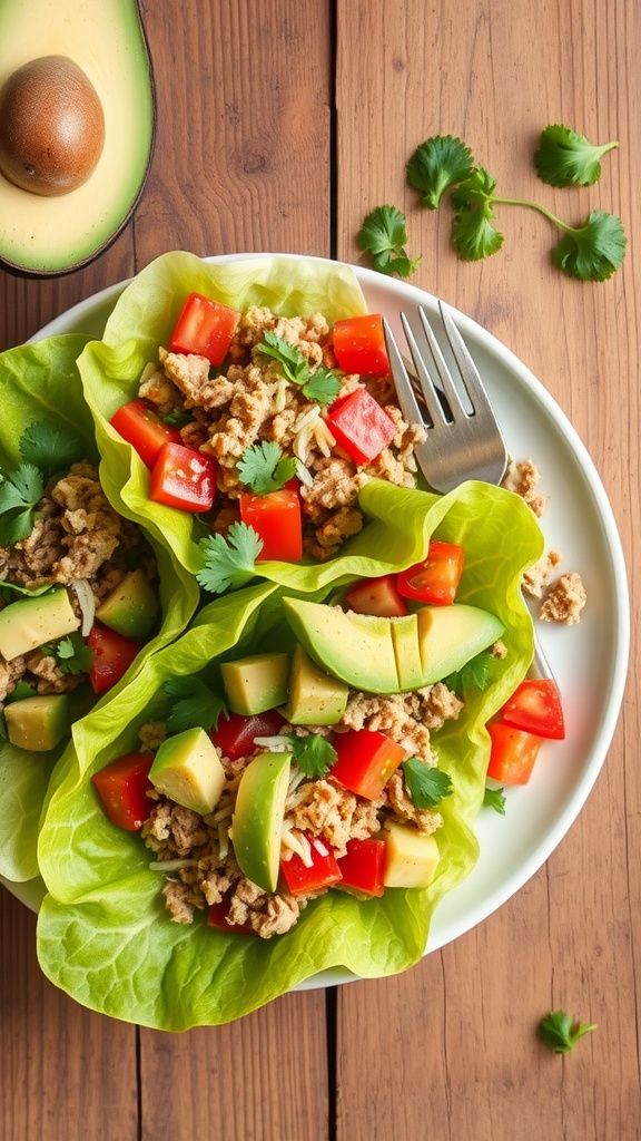 Turkey taco lettuce wraps with diced tomatoes and avocado on a plate