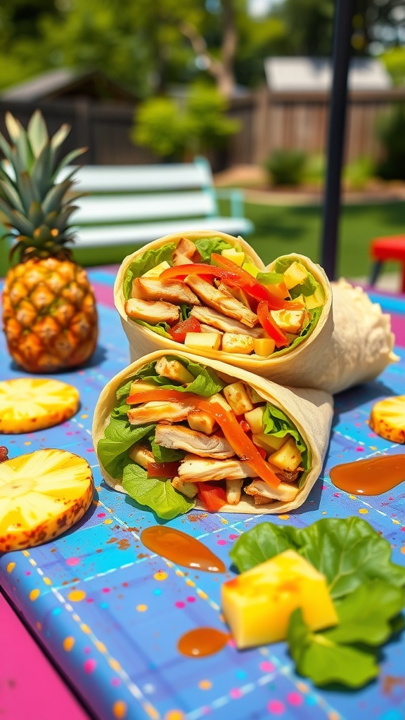 Pineapple Teriyaki Chicken Wraps with fresh ingredients on a colorful table.