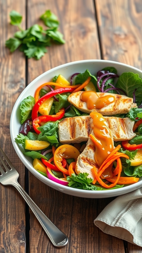 A colorful bowl of sesame ginger chicken salad with grilled chicken, mixed greens, and vibrant vegetables.