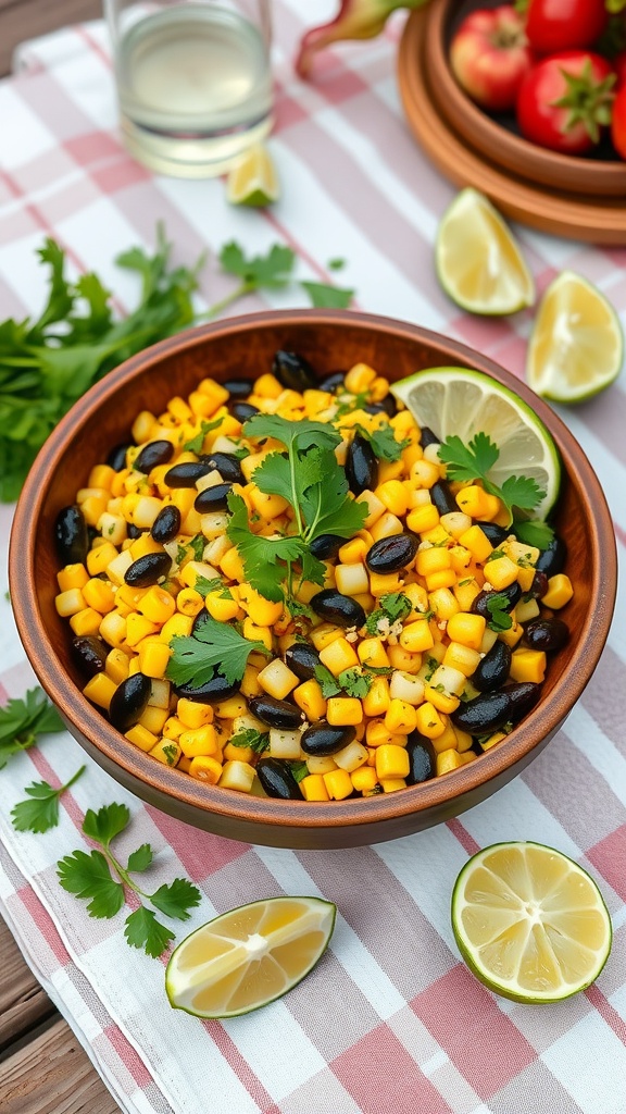 A bowl of Charred Corn & Black Bean Salad garnished with lime and cilantro.