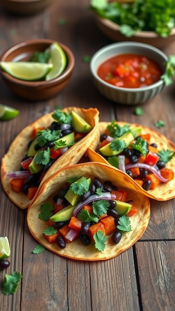 Sweet Potato and Black Bean Tacos with avocado and cilantro