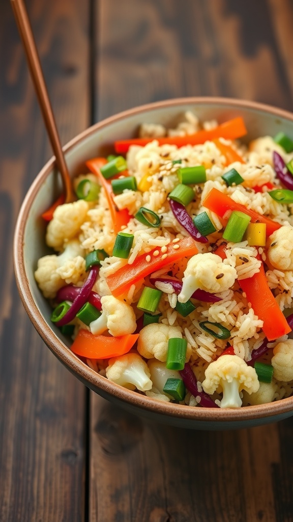 A bowl of colorful cauliflower fried rice with vegetables.