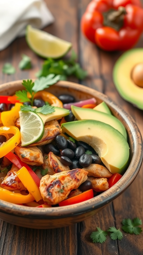 A colorful Chicken Fajita Bowl with grilled chicken, bell peppers, black beans, avocado, and lime.