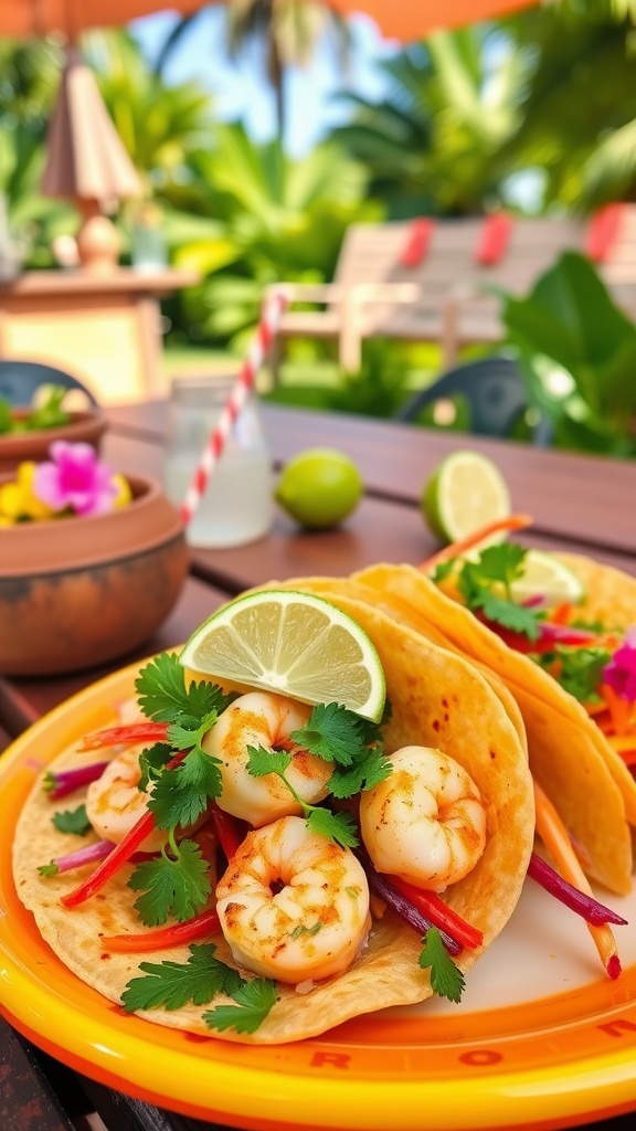 Coconut Lime Shrimp Tacos served on a plate with fresh ingredients and garnishes.
