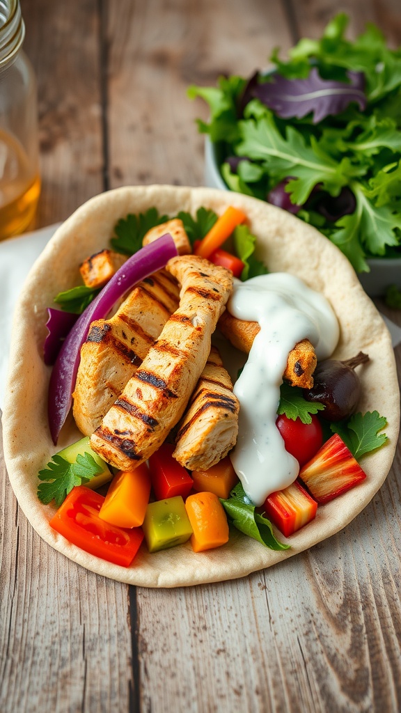 Mediterranean Chicken Pita Wraps with grilled chicken, fresh vegetables, and tzatziki sauce.