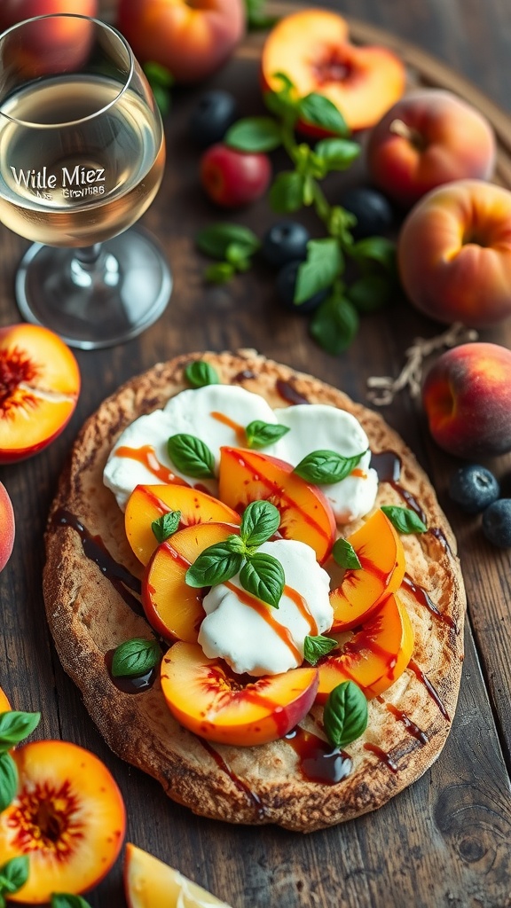 Peach and burrata flatbread with fresh basil and balsamic glaze on a wooden table.
