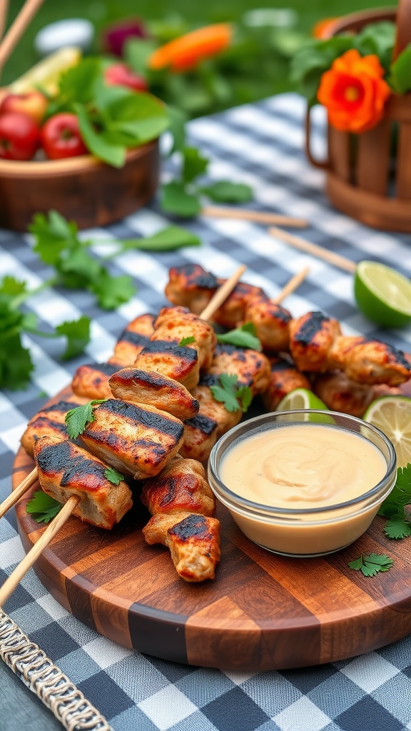 Grilled chicken satay skewers with peanut sauce on a wooden platter