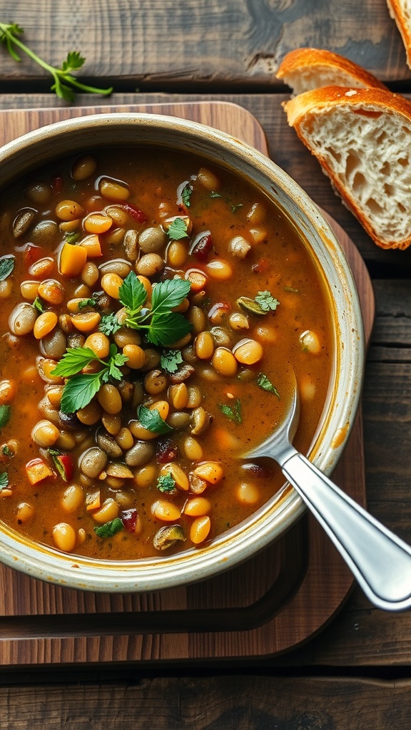 A bowl of lentil and vegetable soup garnished with parsley, served with slices of bread.