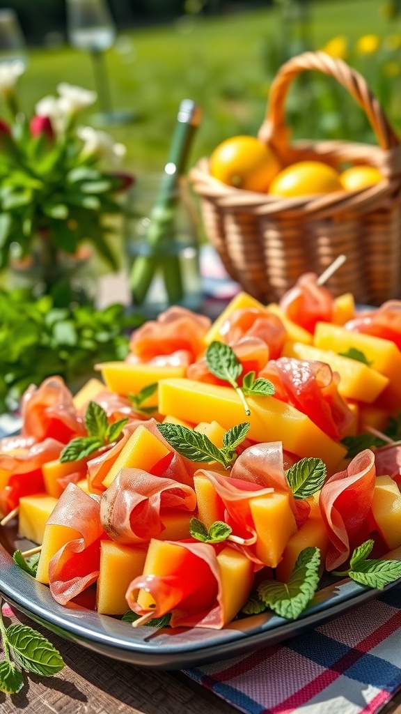 A platter of prosciutto and melon appetizer skewers garnished with mint leaves, perfect for summer entertaining.