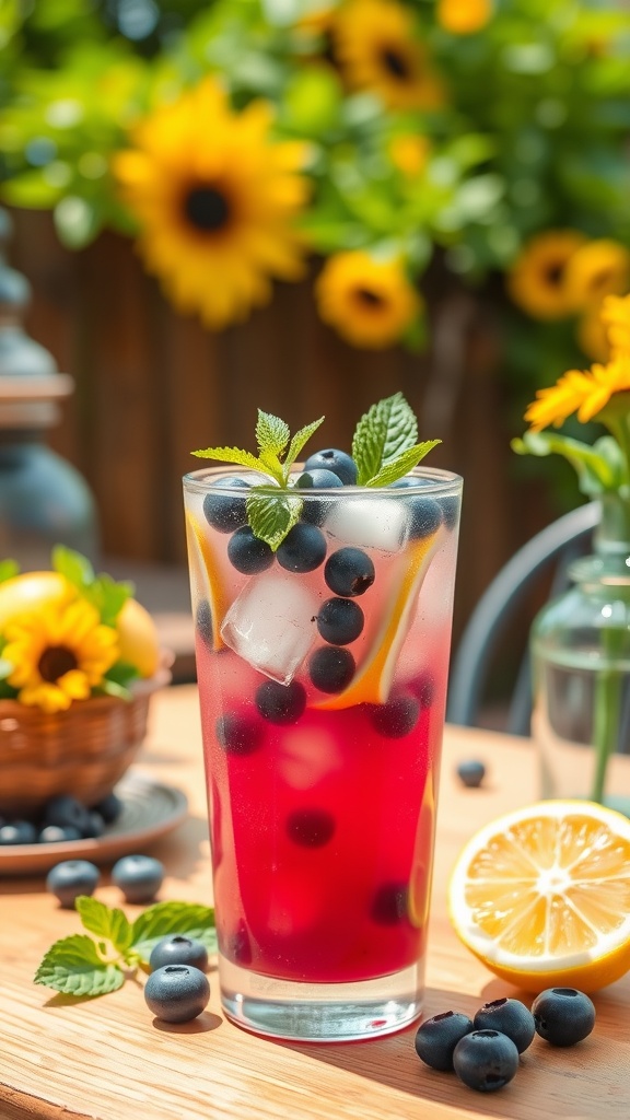 A refreshing glass of blueberry mint lemonade garnished with fresh blueberries and mint leaves, set against a backdrop of sunflowers.