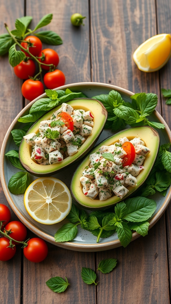 Tuna salad stuffed avocados on a plate with cherry tomatoes and lemon