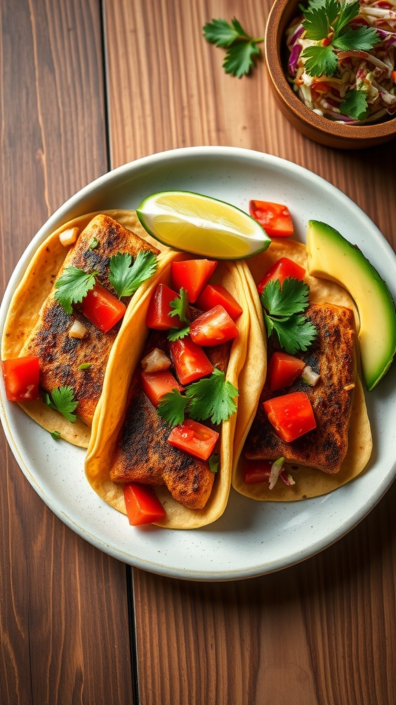 Plate of blackened fish tacos with tomatoes, avocado, and lime