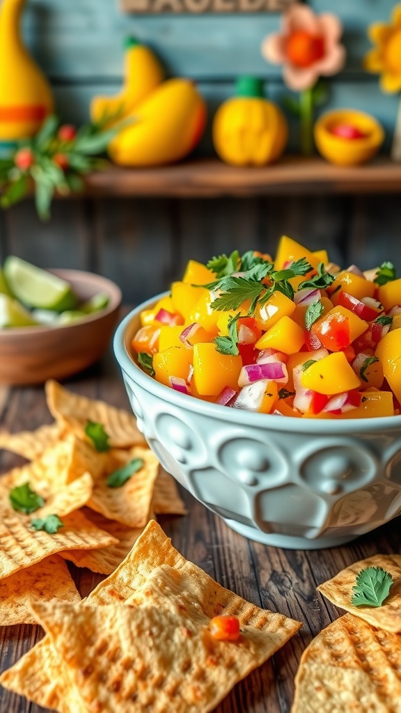 A bowl of mango salsa with baked tortilla chips on a wooden table, surrounded by colorful decorations.