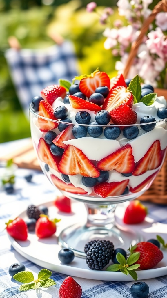 A colorful summer berry trifle with layers of strawberries, blueberries, and whipped cream.