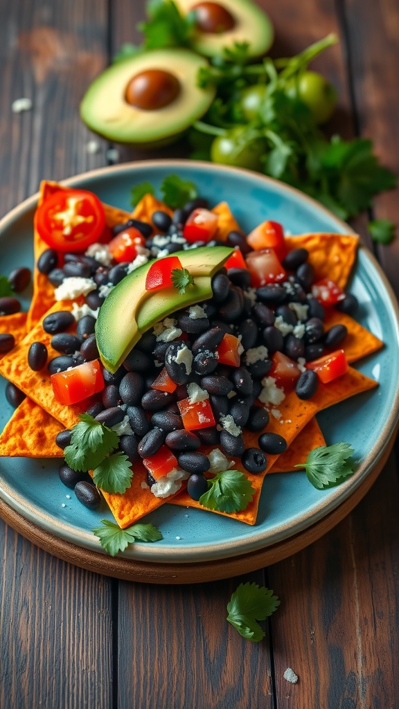 A plate of healthy sweet potato nachos topped with black beans, diced tomatoes, and avocado.
