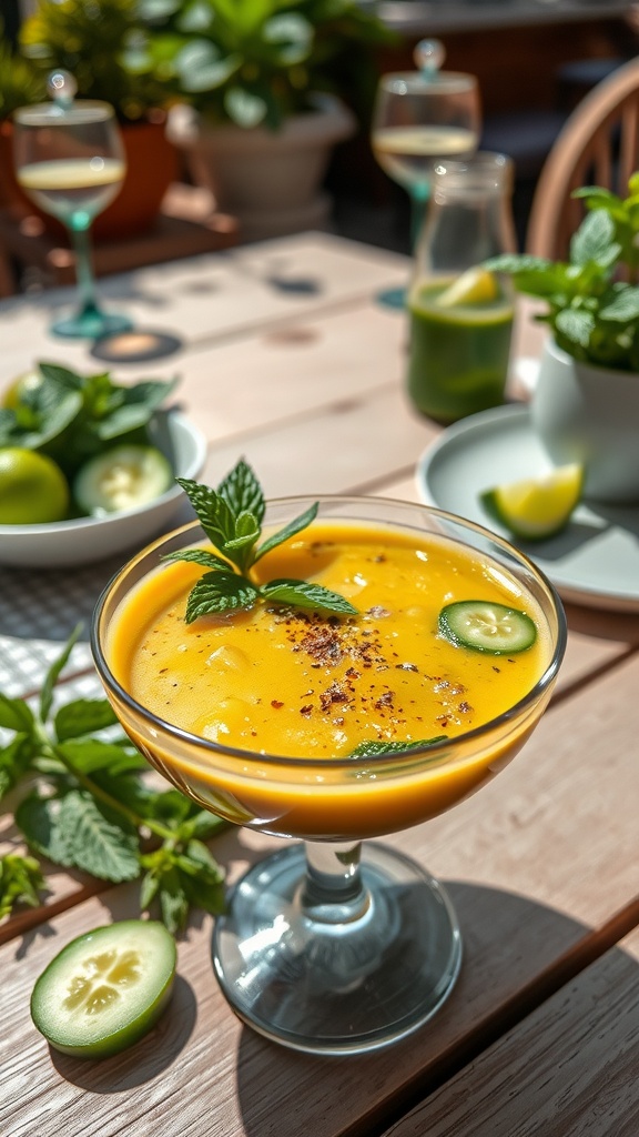 A bowl of Mint & Cucumber Gazpacho garnished with mint leaves and cucumber slices, set on a wooden table.