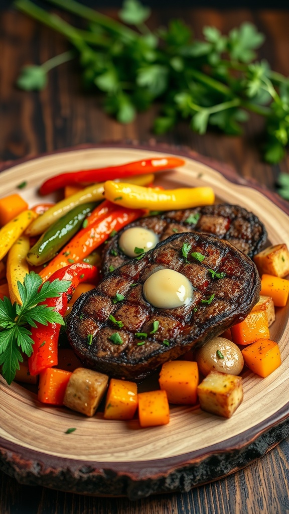 A plate of garlic butter steak bites with colorful veggies, garnished with parsley.