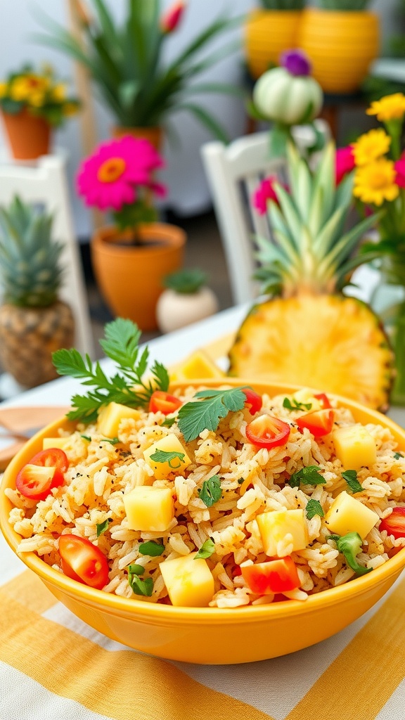A vibrant bowl of Tropical Pineapple Fried Rice with colorful vegetables and pineapple, set in a sunny outdoor setting.