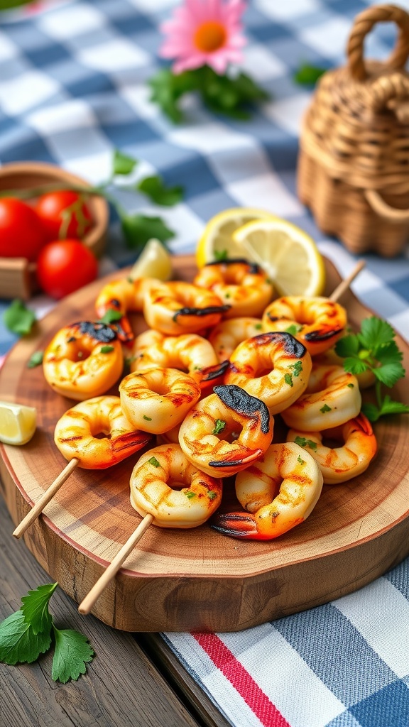 Honey Garlic Butter Shrimp Skewers on a wooden platter with fresh ingredients