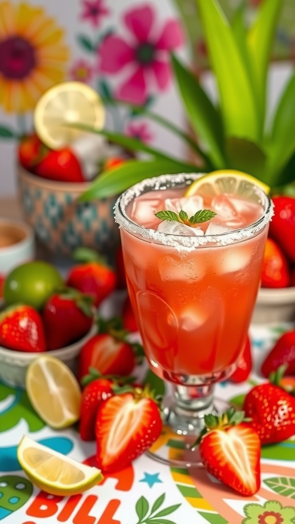 A refreshing glass of Frozen Strawberry Margaritas garnished with lime and mint, surrounded by fresh strawberries.