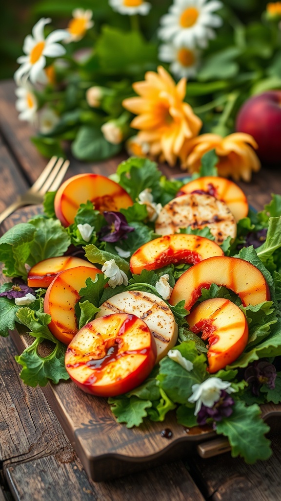 A vibrant salad featuring grilled halloumi cheese and sliced peaches on a wooden platter, surrounded by fresh greens and flowers.