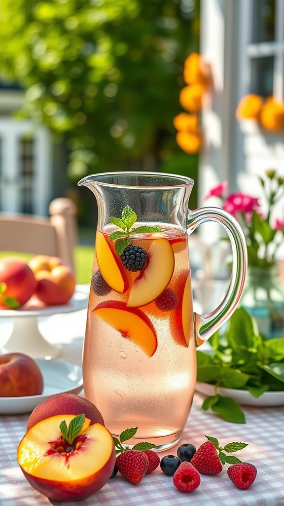 A pitcher of Peach Rosé Sangria with fresh fruit and mint leaves