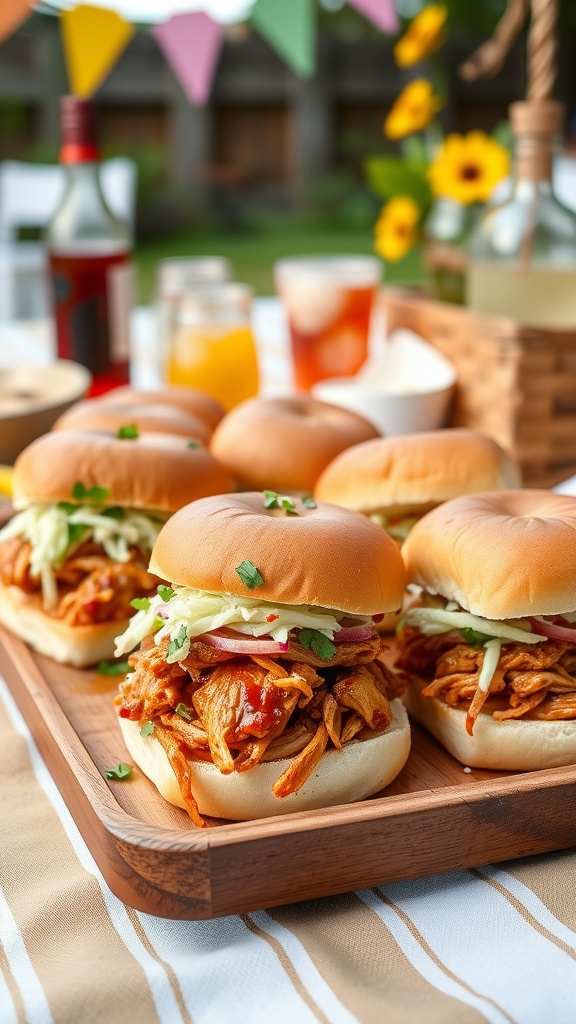 BBQ Pulled Chicken Sliders on a wooden tray with colorful decorations in the background.