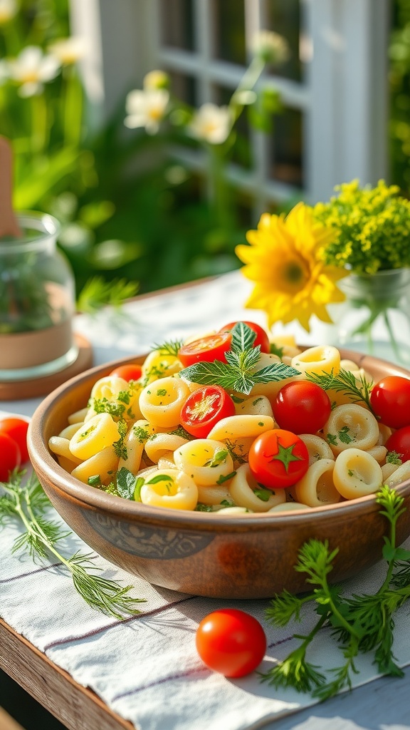 A bowl of Cucumber Dill Pasta Salad with cherry tomatoes and fresh herbs, set outdoors.