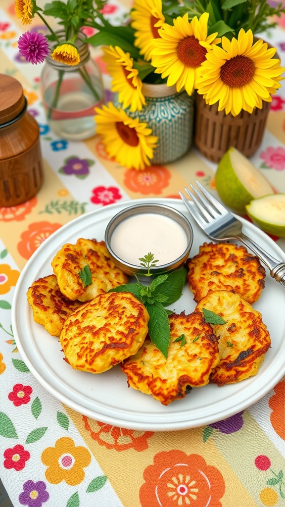 Plate of summer squash and corn fritters with a dipping sauce and fresh herbs.
